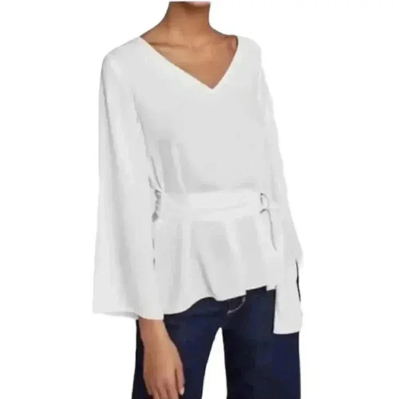 Zara White Blouse Top With Belt  V-Neck Flowy Size Small - Picture 6 of 14